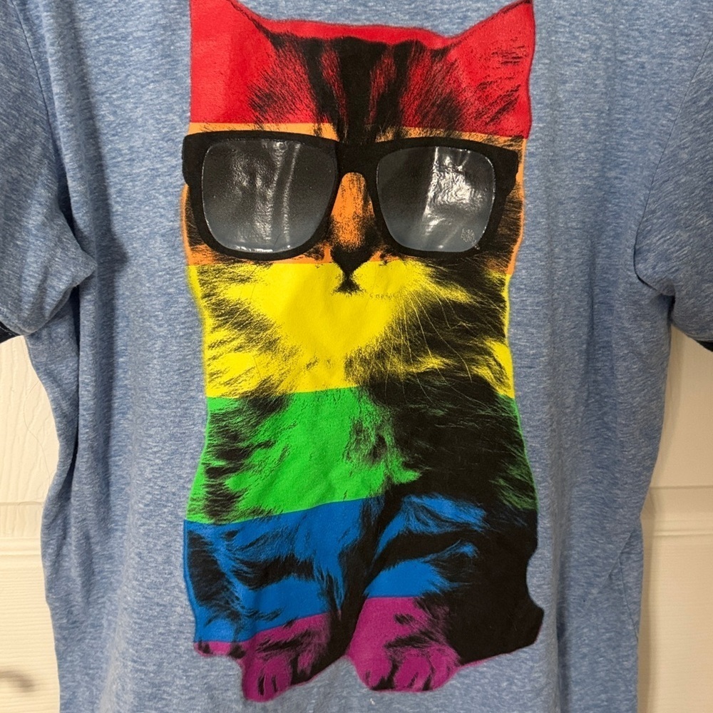 Men’s Well Worn Blue Cat PRIDE Tee with Sunglasses MEDIUM LGBTQ - Picture 3 of 4
